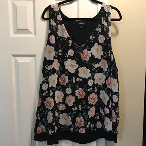 Sleeveless blouse- layered with slight flare at bottom, printed with roses